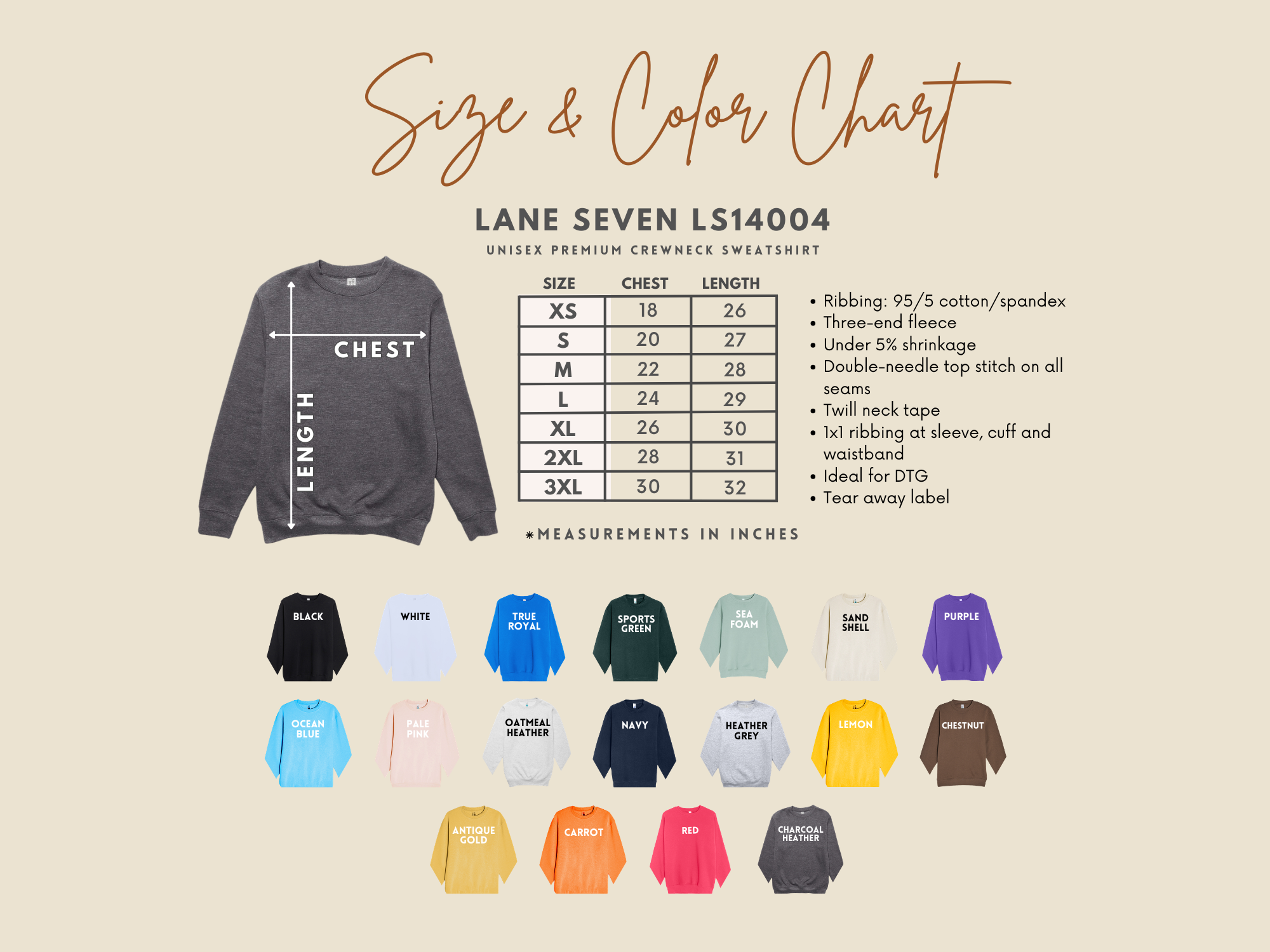 Size and color chart for Lane Seven LS14004 sweatshirt with various color options displayed.
