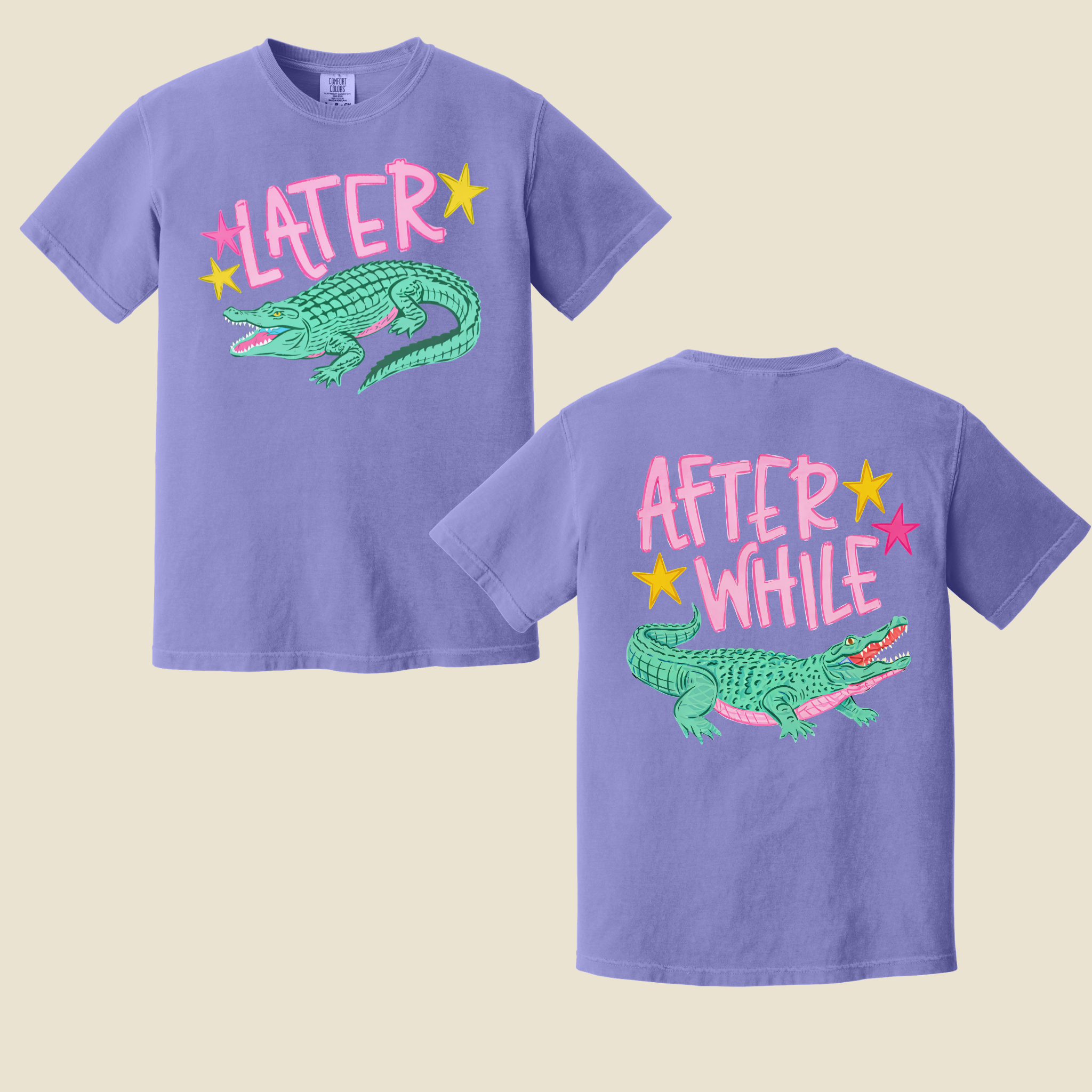 Later Gator After While Tee Comfort Colors Violet, Front Back Print Shirt, Retro Alligator Graphic Tee