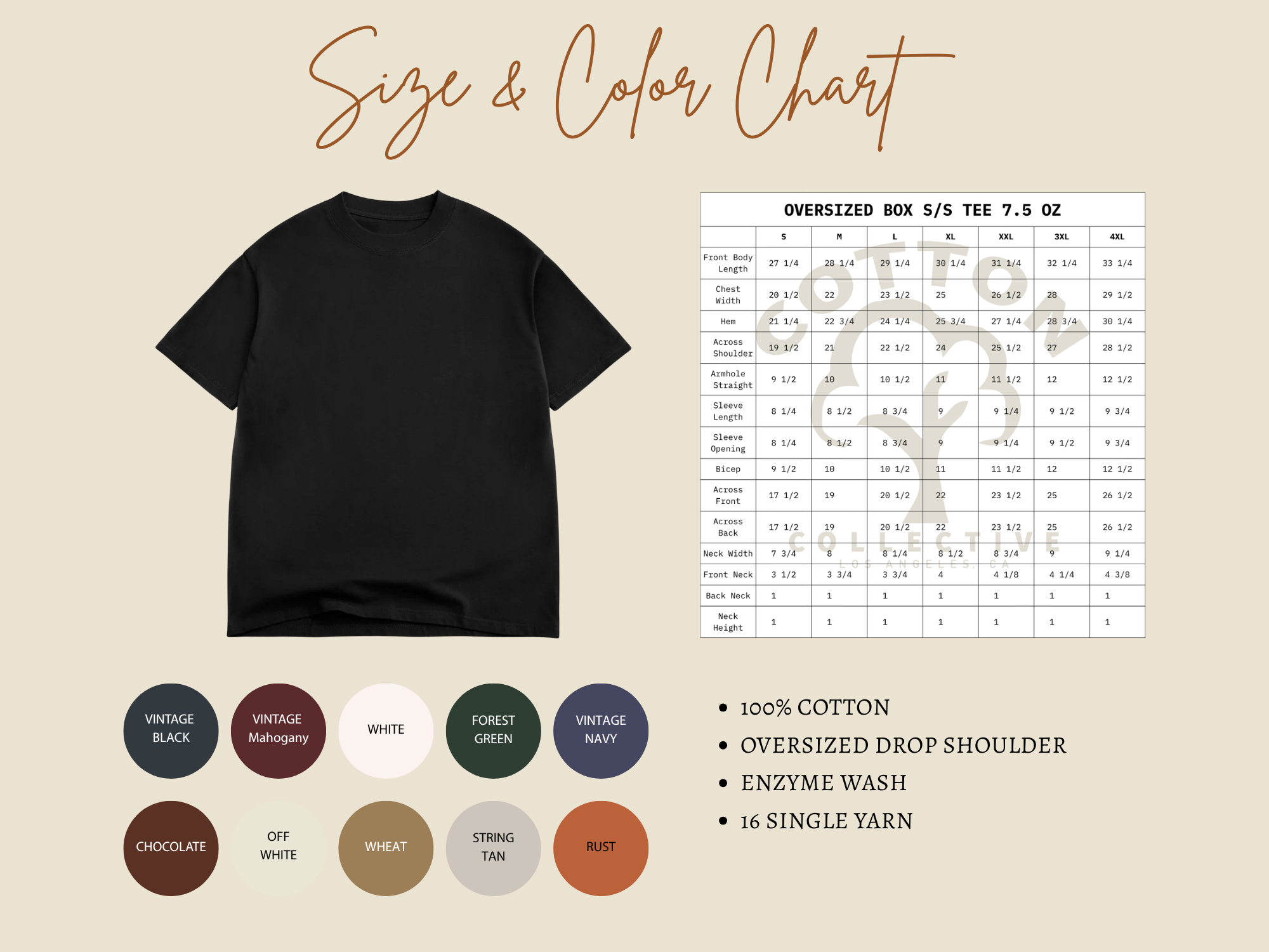 Black t-shirt with size and color chart on a beige background