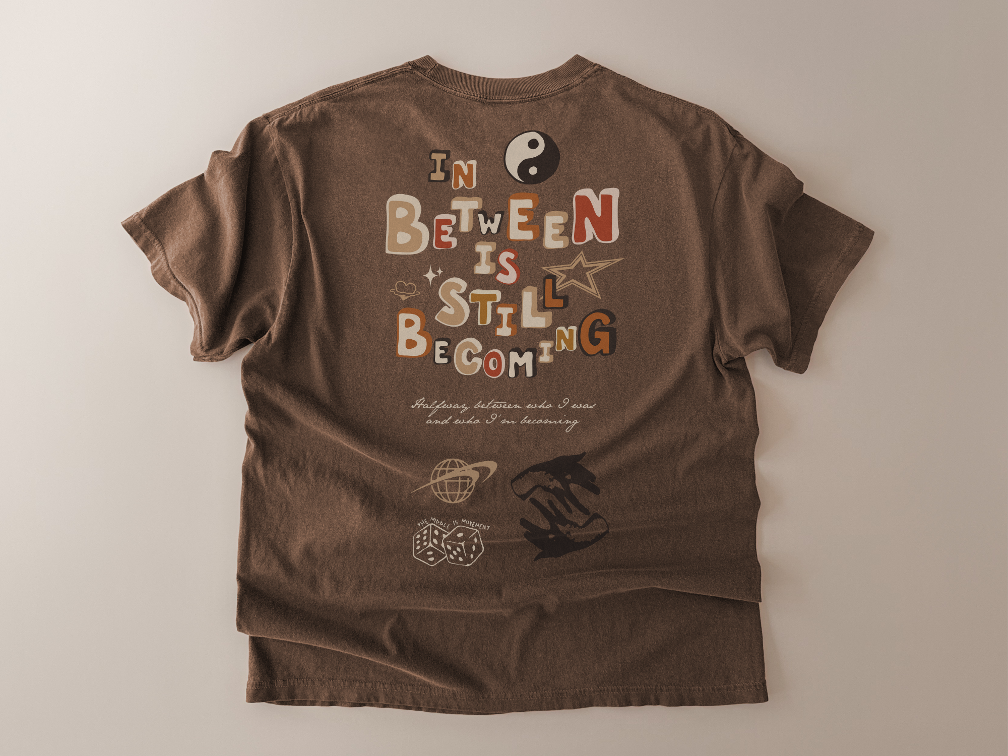 Brown t-shirt with text and symbols on a plain background