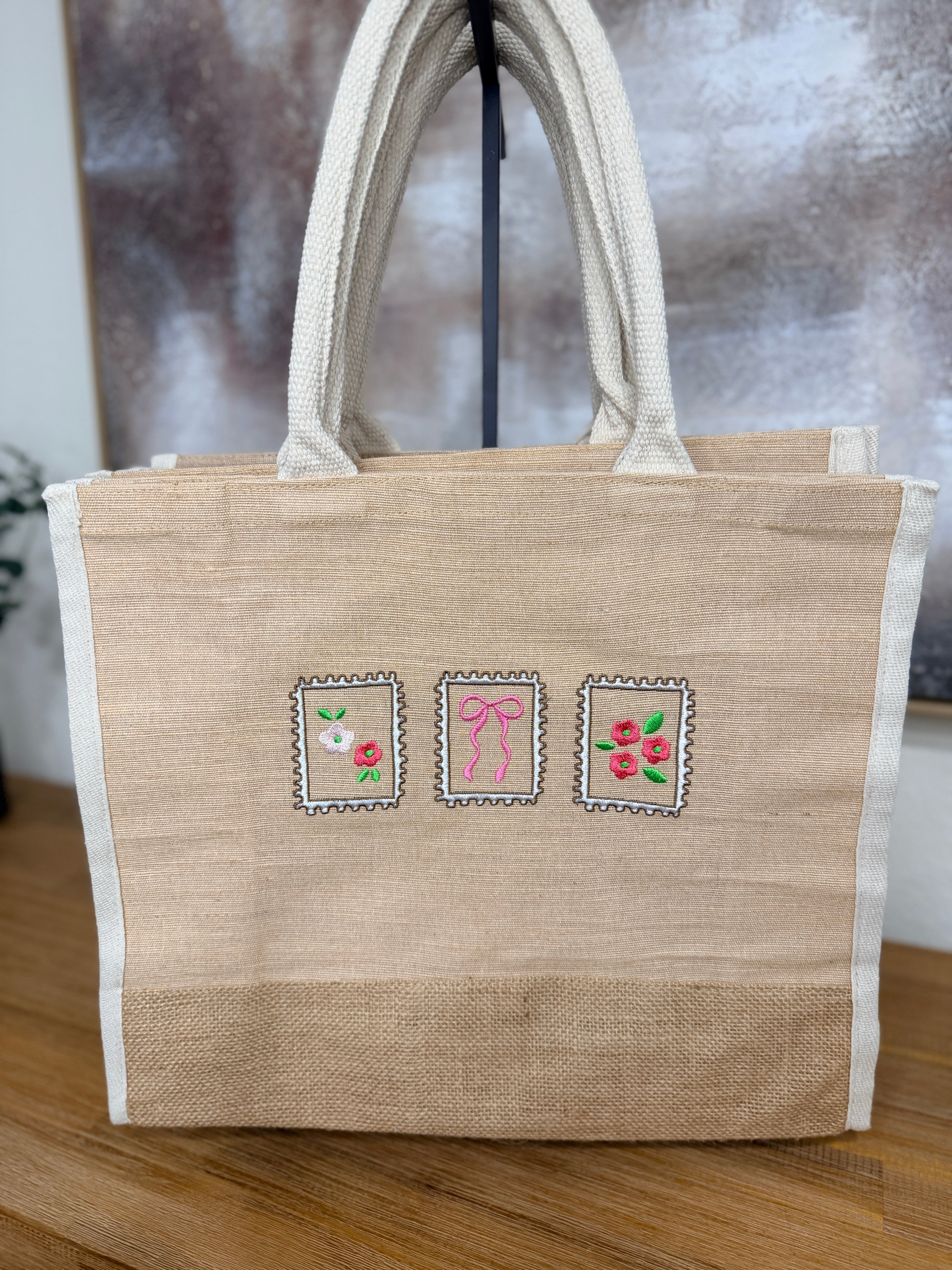 Stamped Floral Embroidered Tote