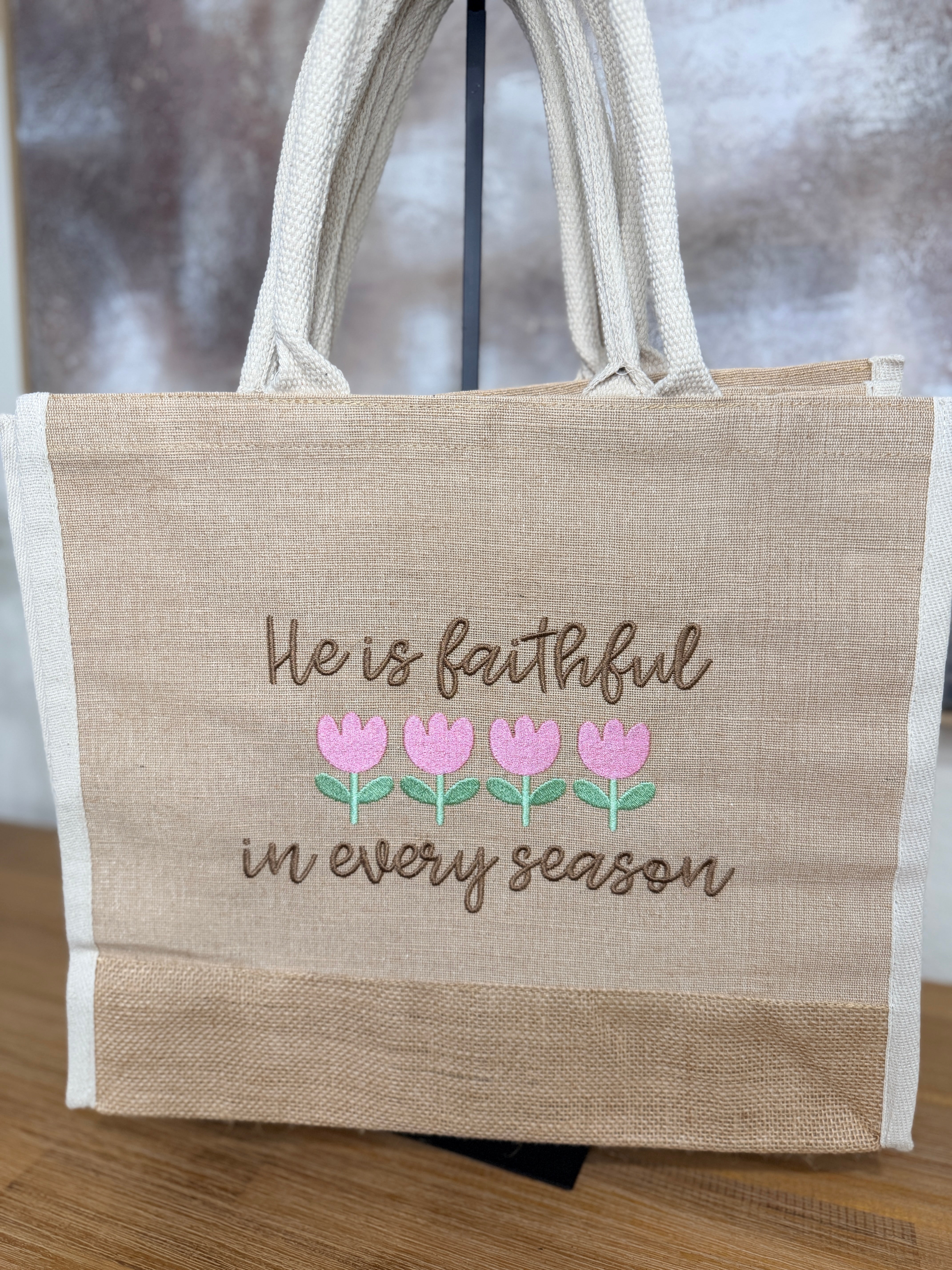 “He is Faithful in Every Season” Embroidered Tote