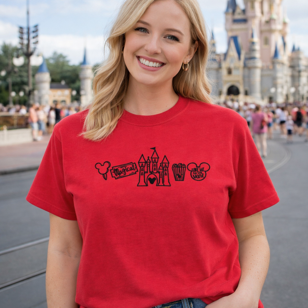 Woman wearing a red t-shirt with Disney-themed designs in front of a castle.
