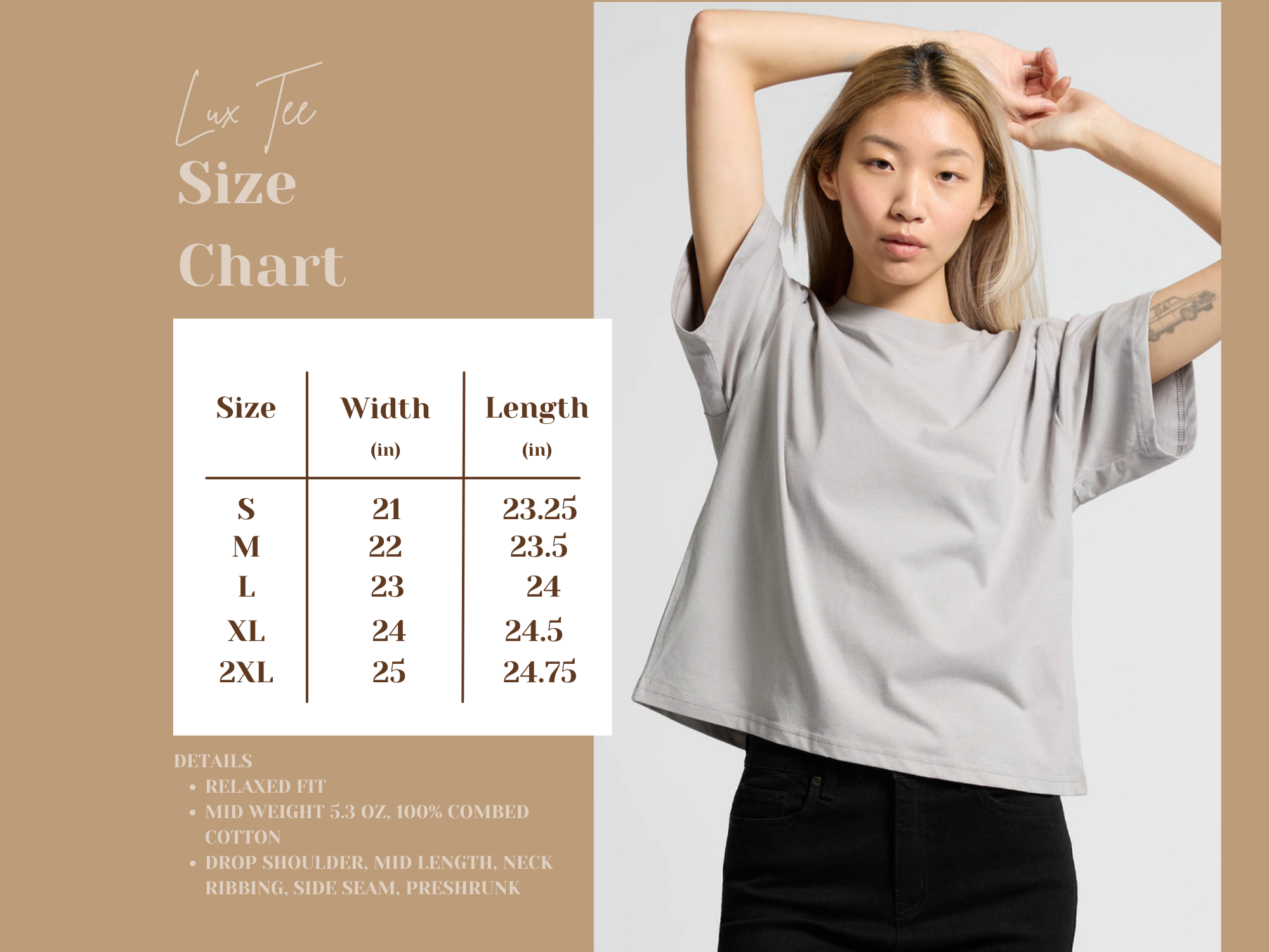 Woman wearing a light gray t-shirt with a size chart on a beige background