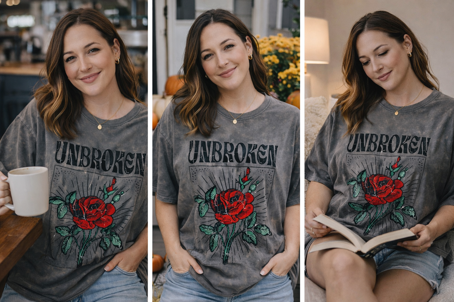 Woman wearing a 'UNBROKEN' t-shirt with a rose design in three different settings.