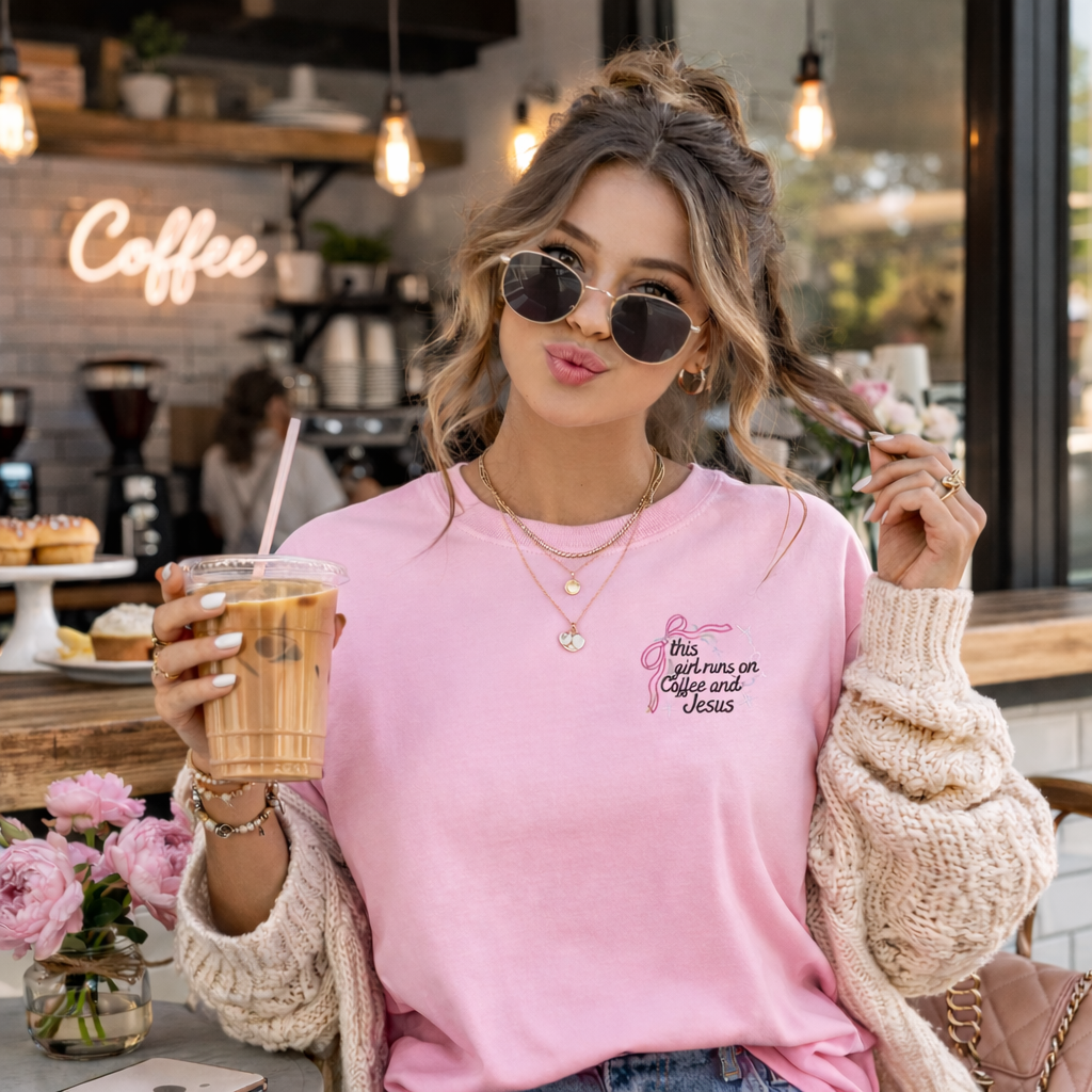 Woman in a pink sweatshirt holding a coffee drink in a cozy cafe.