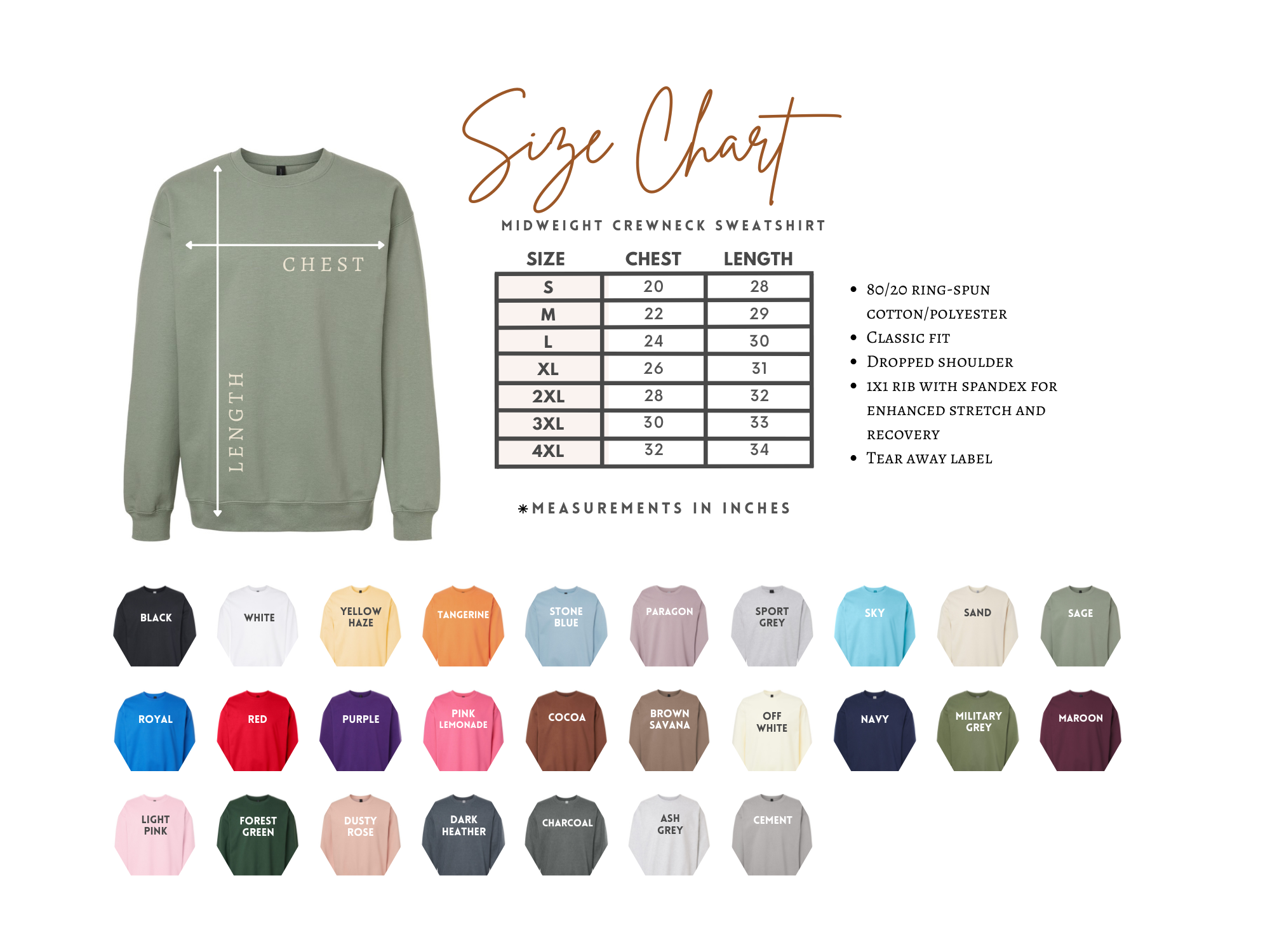 Size chart for a midweight crewneck sweatshirt with color swatches below.