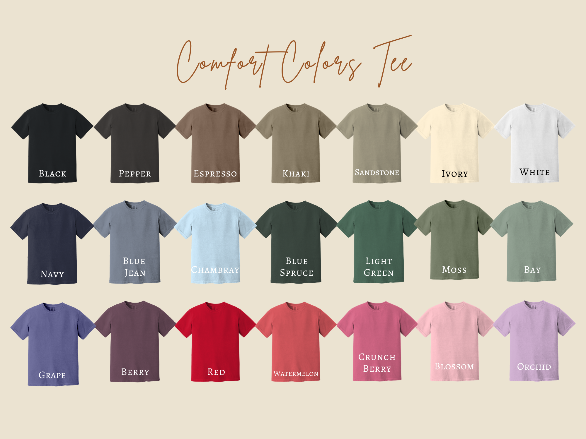 Display of 'Comfort Colors Tee' t-shirts in various colors on a beige background.