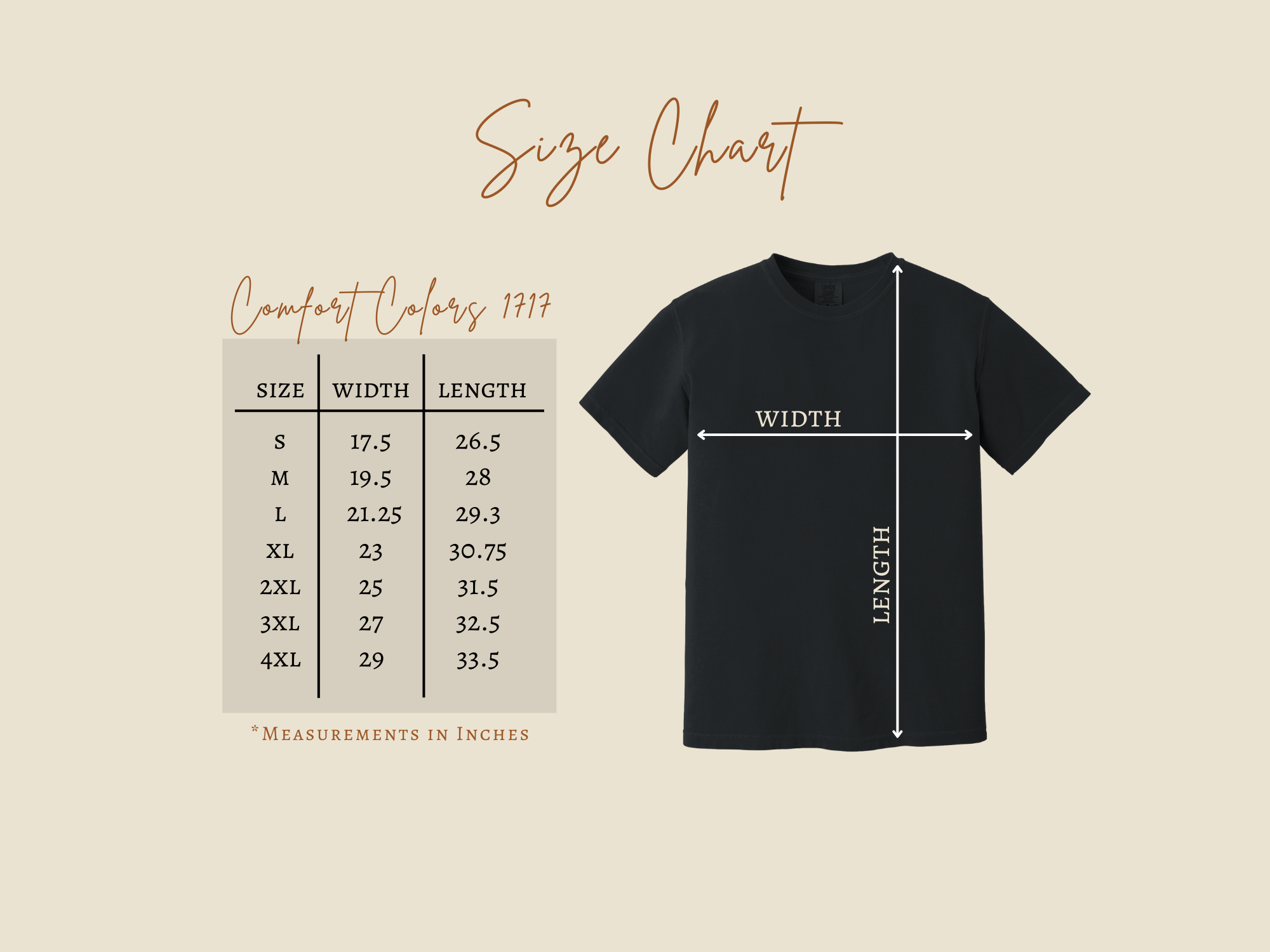 Size chart for a black t-shirt with measurements on a beige background
