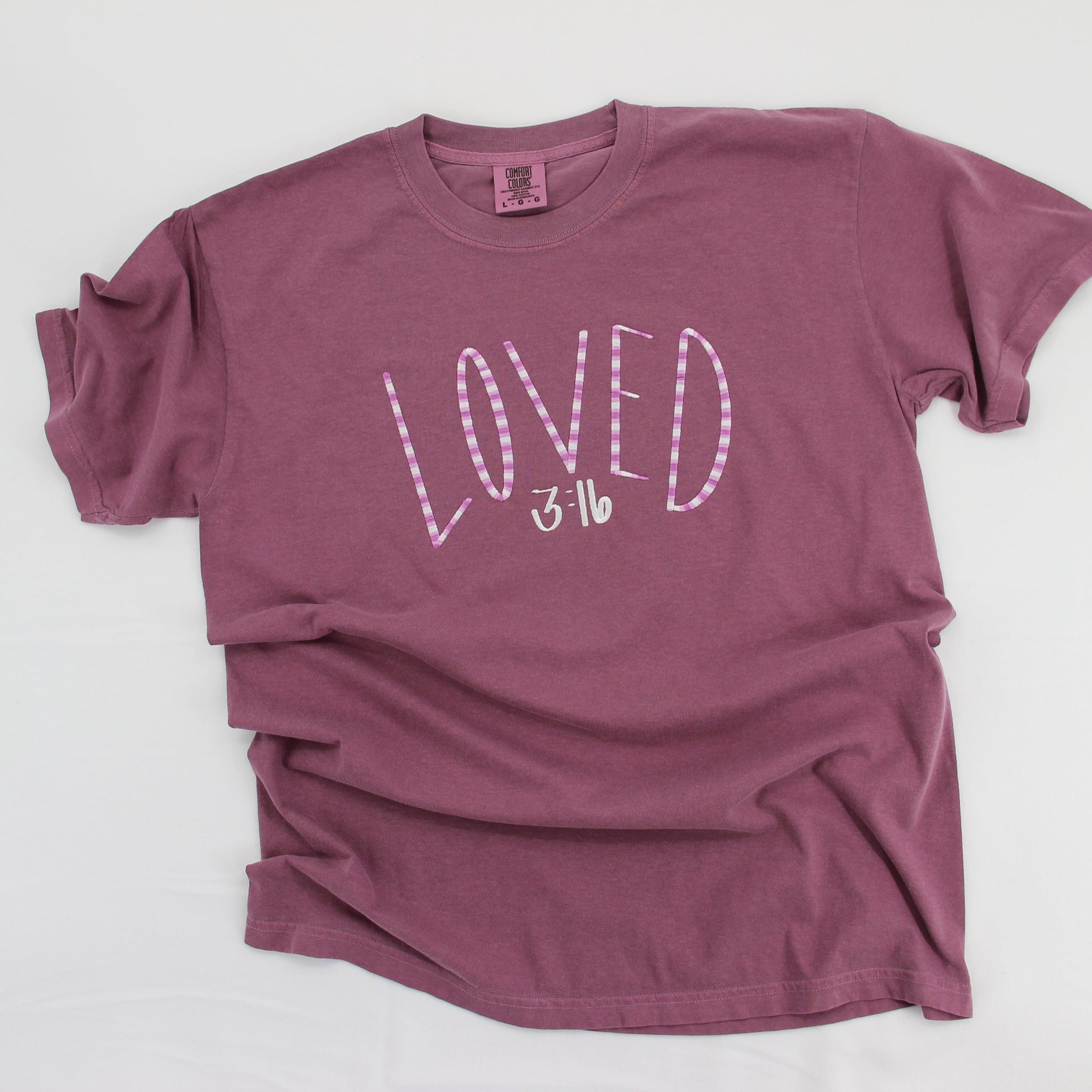 LOVED 3:16 berry tee with variegated thread