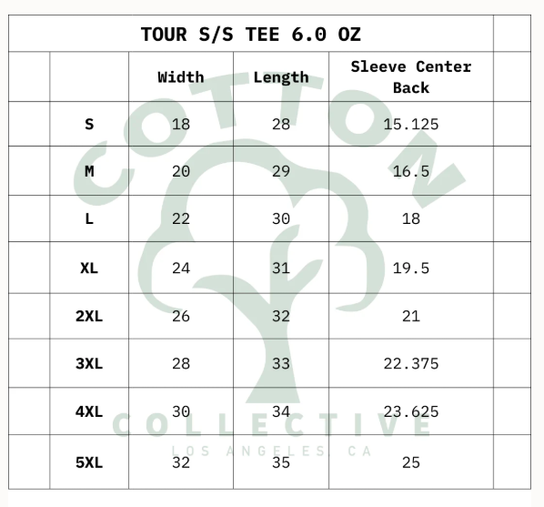Size chart for a shirt with measurements in centimeters, featuring the Collective logo.